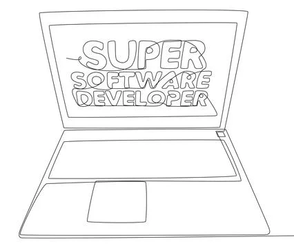 One continuous line of Laptop with Super Software Developer word. Thin Line.. 스톡 일러스트