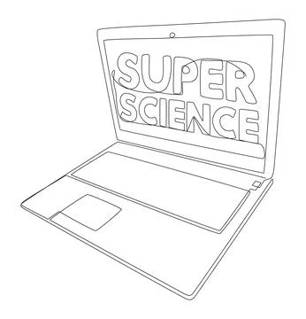 One continuous line of Laptop with Super Science word. Thin Line Illustrati.. Illustrazione stock