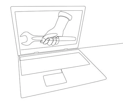One continuous line of Laptop with Wrench. Thin Line Illustration vector co.. Stock Illustration