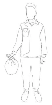 One continuous line of man collecting plastic garbage in the trash bag. Thi.. Stock Illustration