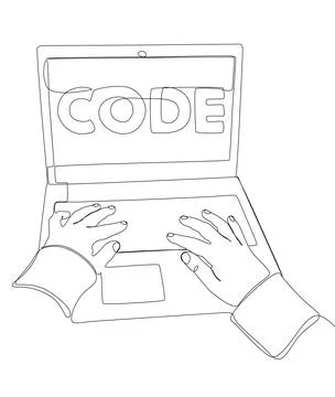 One continuous line of man with laptop and Code text. Thin Line Illustratio.. 스톡 일러스트