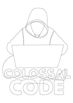 One continuous line of man with laptop and Colossal Code text. Thin Line Il.. 스톡 일러스트