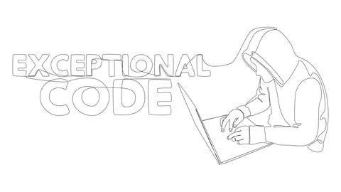 One continuous line of man with laptop and Exceptional Code text. Thin Line.. Illustrazione stock