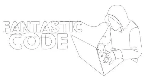 One continuous line of man with laptop and Fantastic Code text. Thin Line I.. 스톡 일러스트