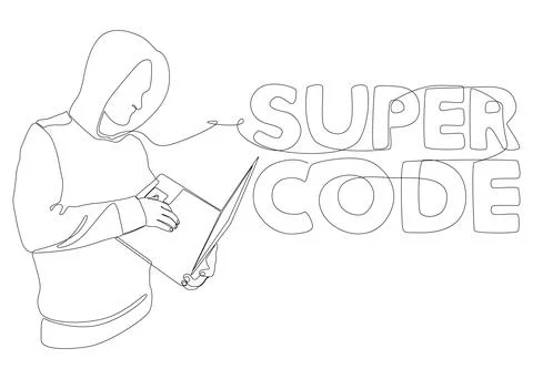 One continuous line of man with laptop and Super Code text. Thin Line Illus.. 스톡 일러스트