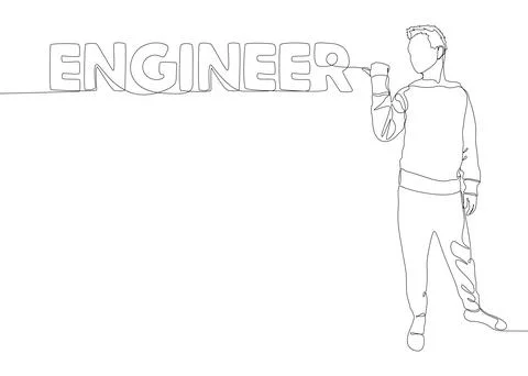 One continuous line of Man pointing with finger at Engineer word. Thin Line.. Stock Illustration