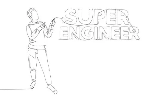 One continuous line of Man pointing with finger at Super Engineer word. Thi.. Stock Illustration
