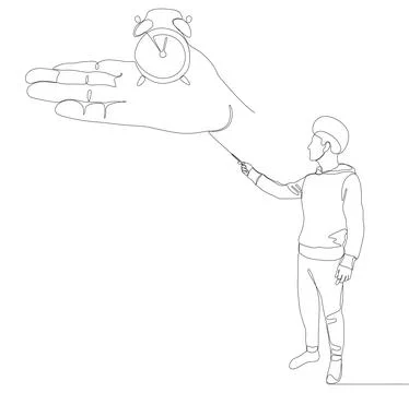 One continuous line of Man pointing at Alarm Clock. Thin Line Illustration .. Illustrazione stock