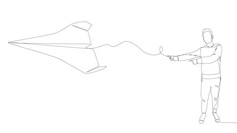 One continuous line of Man pointing with finger at Paper Airplane. Thin Lin.. Stock-Illustration