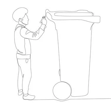One continuous line of Man pointing with finger at Garbage Bin. Thin Line I.. Stock Illustration