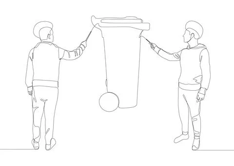 One continuous line of Man pointing with finger at Garbage Bin. Thin Line I.. Stock Illustration