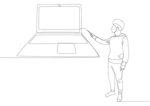 One continuous line of Man pointing with finger at laptop. Thin Line Illust.. Stock Illustration