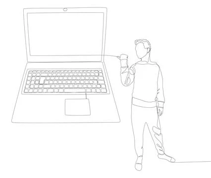 One continuous line of Man pointing with finger at laptop. Thin Line Illust.. Stock Illustration