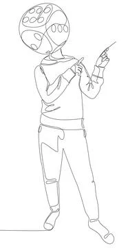 One continuous line of Man pointing with dice as his head, symbol of luck a.. Stock Illustration