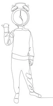 One continuous line of Man with pointing finger and alarm clock as head, sy.. Illustrazione stock