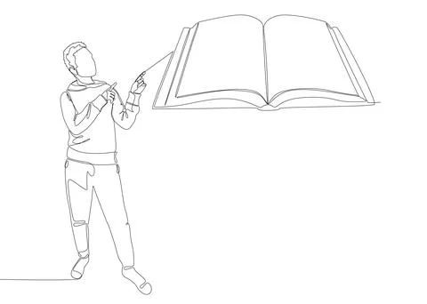 One continuous line of Man pointing with finger at book. Thin Line Illustra.. Иллюстрация