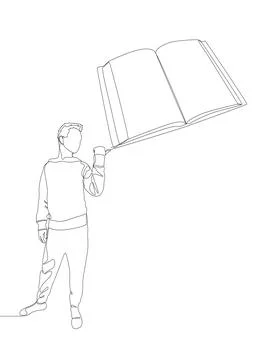 One continuous line of Man pointing with finger at book. Thin Line Illustra.. Stock Illustration