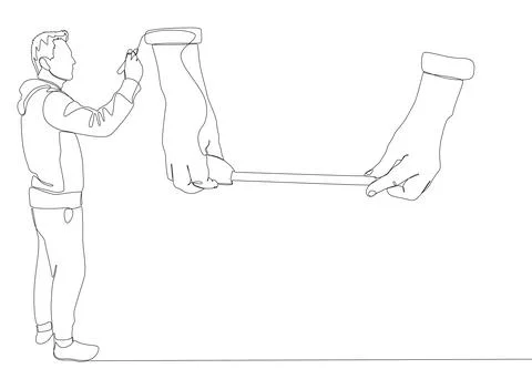 One continuous line of Man pointing with finger at Measuring tape. Thin Lin.. Stock Illustration