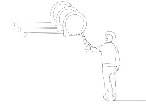 One continuous line of Man pointing with finger at Measuring tape. Thin Lin.. Stock Illustration