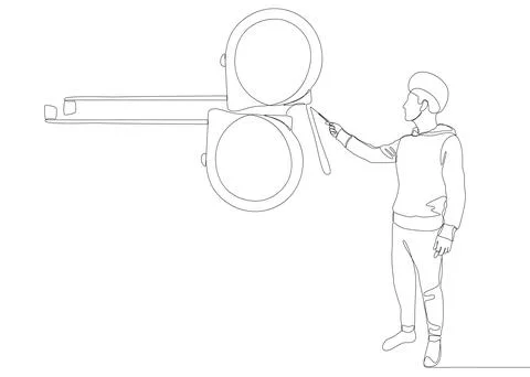 One continuous line of Man pointing with finger at Measuring tape. Thin Lin.. Stock Illustration