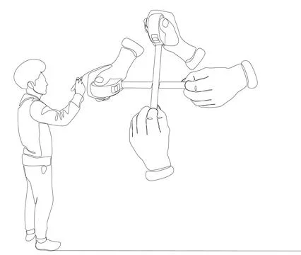 One continuous line of Man pointing with finger at Measuring tape. Thin Lin.. 스톡 일러스트