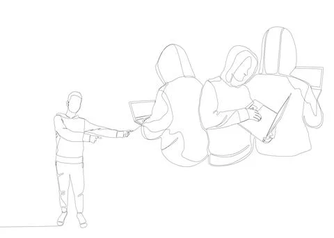 One continuous line of Man pointing with finger at Hacker, Men using Laptop.. Stock Illustration