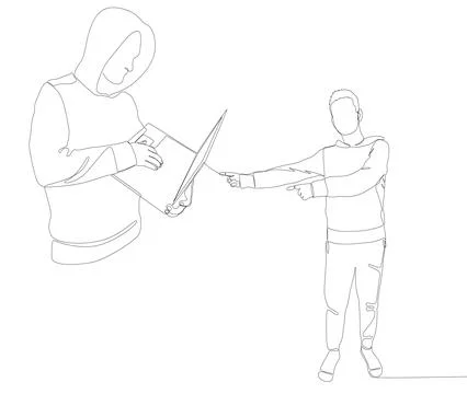 One continuous line of Man pointing with finger at Hacker, Men using Laptop.. 스톡 일러스트