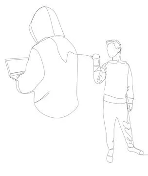 One continuous line of Man pointing with finger at Hacker, Men using Laptop.. 스톡 일러스트