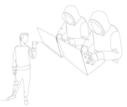 One continuous line of Man pointing with finger at Hacker, Men using Laptop.. Stock Illustration