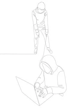 One continuous line of Man pointing with finger at Hacker, Men using Laptop.. Illustrazione stock