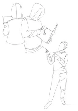 One continuous line of Man pointing with finger at Hacker, Men using Laptop.. Illustrazione stock