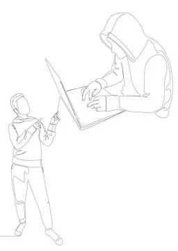 One continuous line of Man pointing with finger at Hacker, Men using Laptop.. 스톡 일러스트