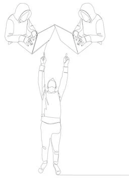 One continuous line of Man pointing with finger at Hacker, Men using Laptop.. Illustrazione stock