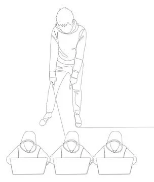 One continuous line of Man pointing with finger at Hacker, Men using Laptop.. 스톡 일러스트