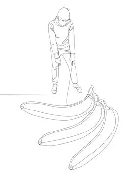 One continuous line of Man pointing with finger at banana. Thin Line Illust.. Illustrazione stock