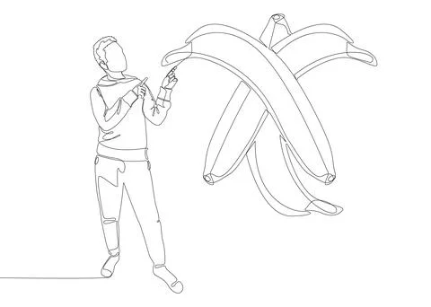 One continuous line of Man pointing with finger at banana. Thin Line Illust.. Illustrazione stock