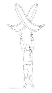 One continuous line of Man pointing with finger at banana. Thin Line Illust.. Illustrazione stock