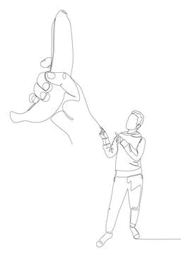 One continuous line of Man pointing with finger at banana. Thin Line Illust.. Illustrazione stock