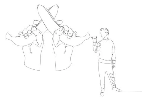 One continuous line of Man pointing with finger at banana. Thin Line Illust.. Illustrazione stock