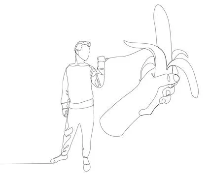 One continuous line of Man pointing with finger at banana. Thin Line Illust.. Illustrazione stock