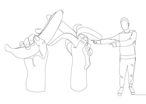 One continuous line of Man pointing with finger at banana. Thin Line Illust.. Illustrazione stock