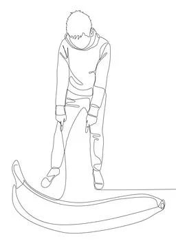 One continuous line of Man pointing with finger at banana. Thin Line Illust.. Illustrazione stock