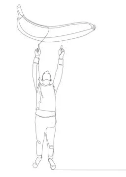 One continuous line of Man pointing with finger at banana. Thin Line Illust.. Illustrazione stock