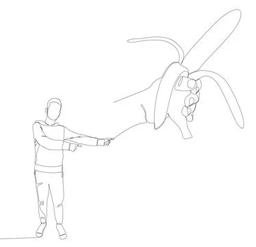 One continuous line of Man pointing with finger at banana. Thin Line Illust.. Illustrazione stock