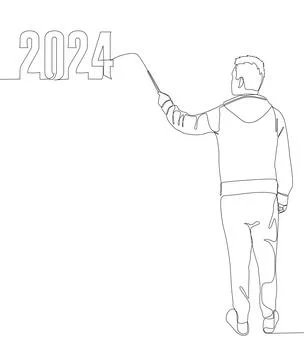 One continuous line of Man pointing with finger at number 2024. Thin Line I.. Stock Illustration