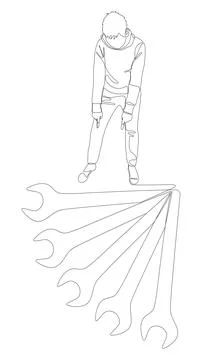 One continuous line of Man pointing with finger at Wrench. Thin Line Illust.. Stock Illustration