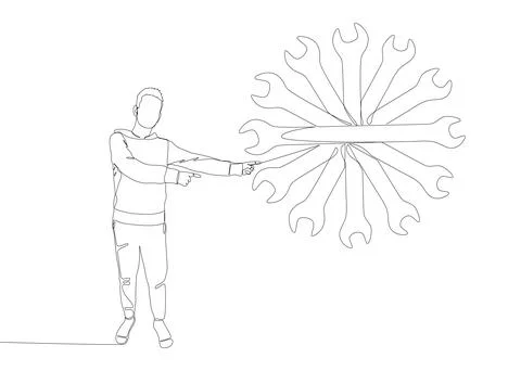 One continuous line of Man pointing with finger at Wrench. Thin Line Illust.. Иллюстрация