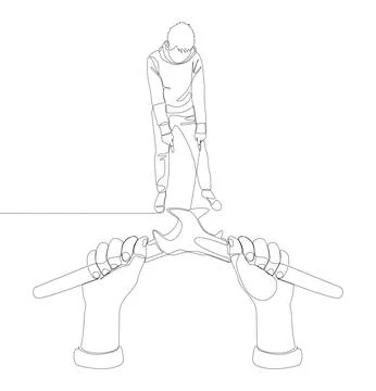 One continuous line of Man pointing with finger at Wrench. Thin Line Illust.. Stock Illustration