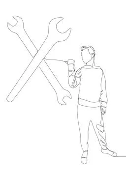 One continuous line of Man pointing with finger at Wrench. Thin Line Illust.. Stock Illustration