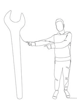 One continuous line of Man pointing with finger at Wrench. Thin Line Illust.. Stock Illustration